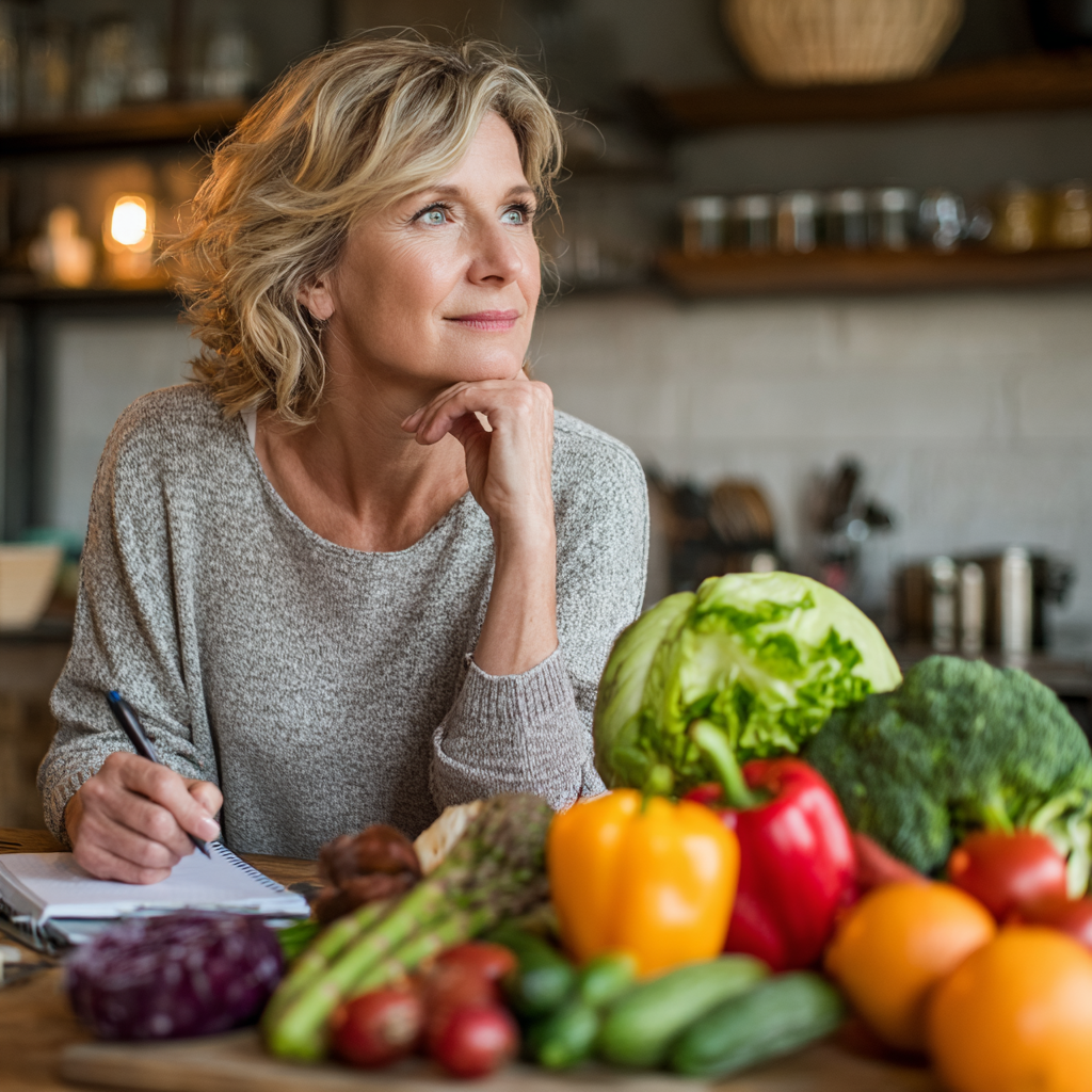 middle-aged woman planning healthy meal with vegetables and fruits on kitchen table