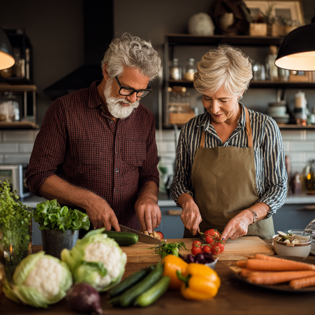 older adult couple preparing fresh vegetables and healthy meal together in modern kitchen